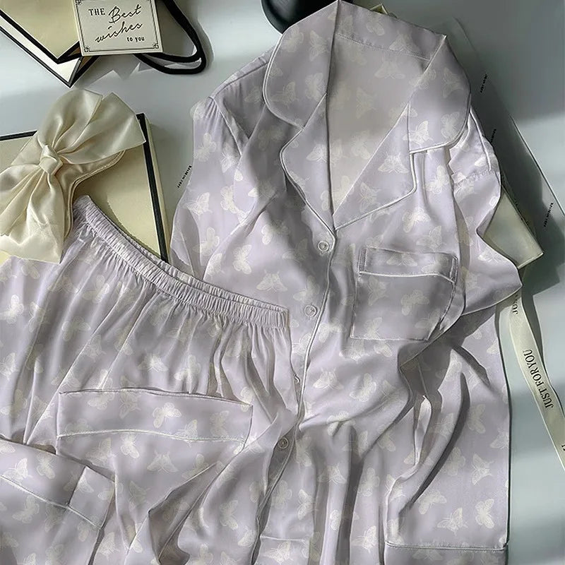 Women's Pajamas Set Fun Cute Print Sleepwear Button Lapel Neck Pajama 2 Piece Suit Pyjama Femme Nightwear Loungewear for Summer