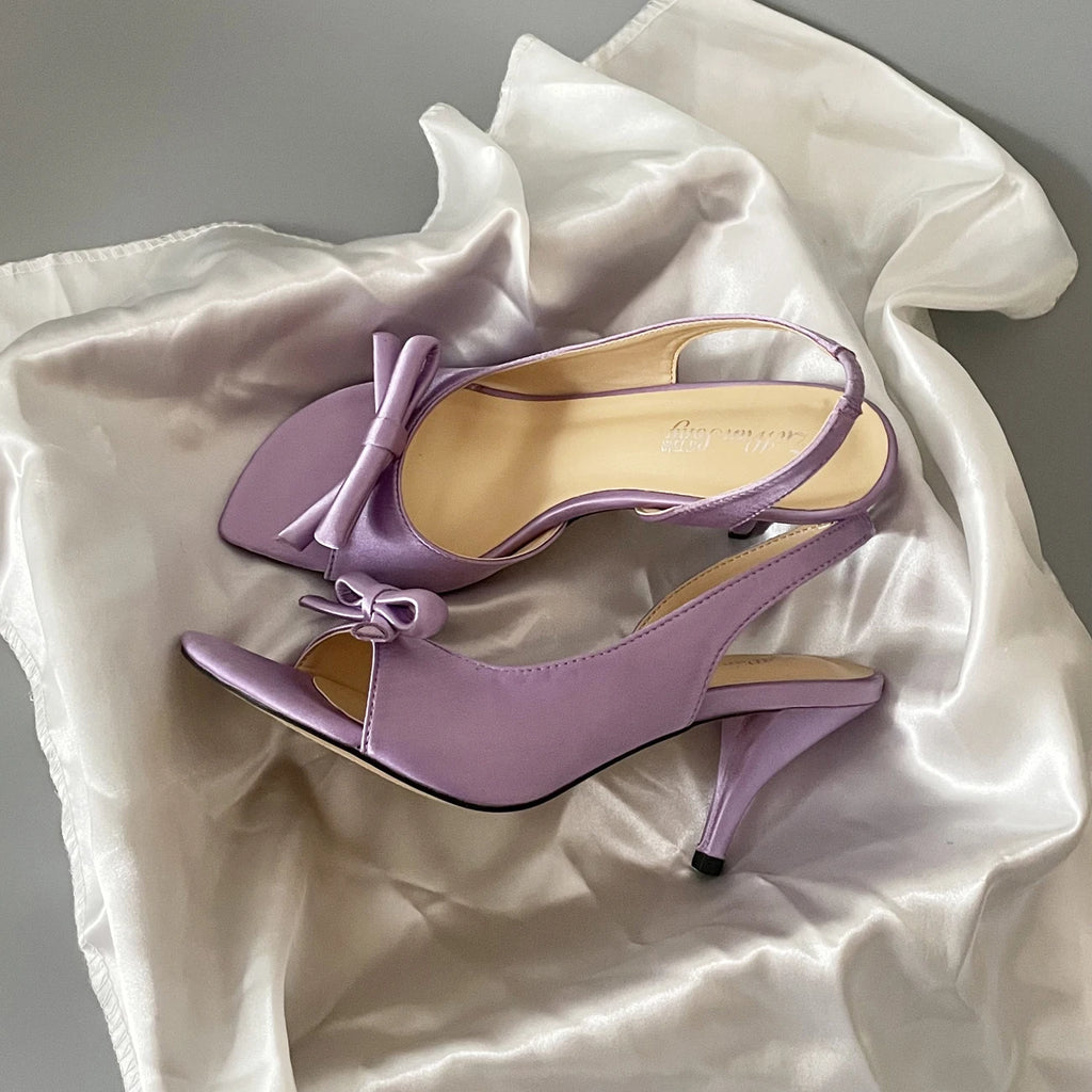 Lilac Purple Women's Fashion Sandals Backless Knot Toe Exposure Silk Satin High Heels Elegant Lady Style Shoes Increased Height