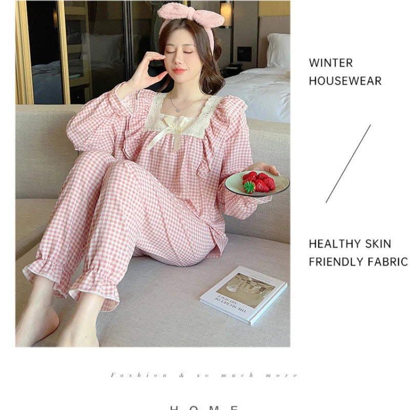 100kg Plus Size Cherry Print Pajama Women Korean Sweet Spring Long Sleeve Top Long Pants Plaid Homewear Princess Loose Outfits