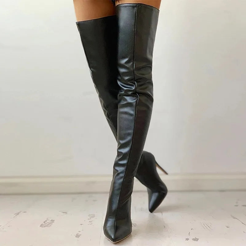 Women Boots Red Black Pointy Toe Thigh High Long Boots Autumn Winter Zip Over-the-Knee Boots Party Shoes Plus Size 46 Stiletto