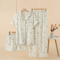 Pajamas pure cotton three-piece set spring and summer thin crepe autumn gauze lapel short-sleeved trousers shorts loungewear set