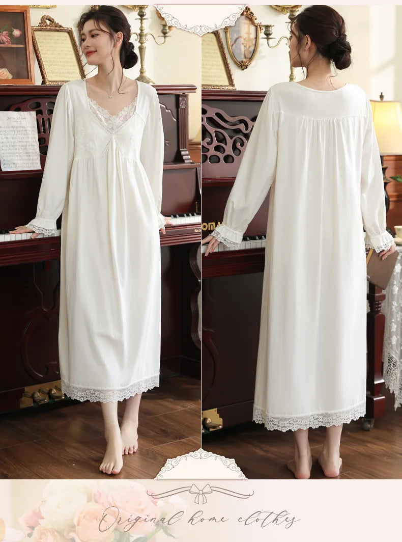Vintage Victorian Nightgown Women Lace Embroidered Palace Style Princess Sleep Dress Cotton Soft Romantic French Loungewear