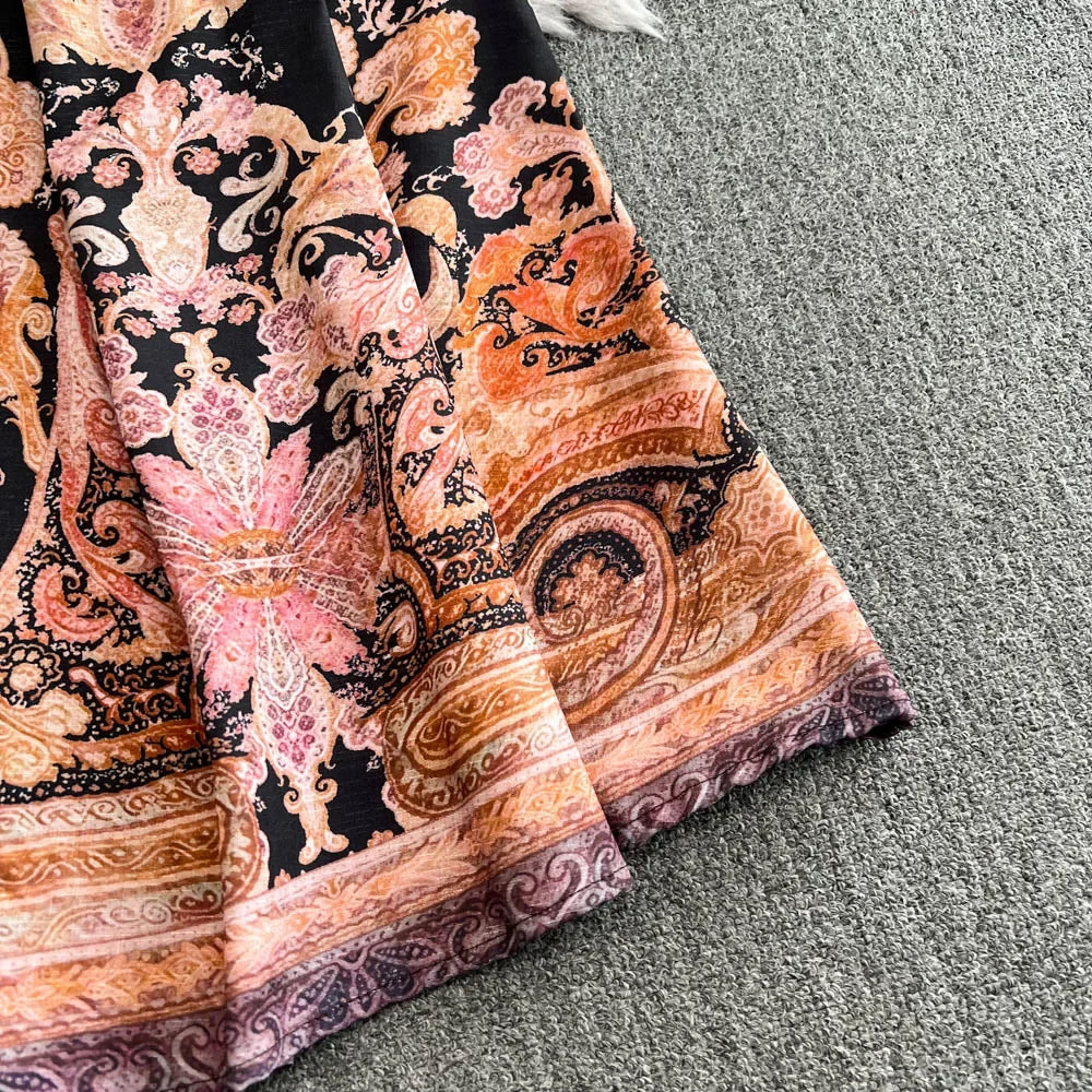 Spring Autumn Retro Palace Style Dress New French Printed Lantern Sleeve Stand Collar A-line Long Dress Femade C110