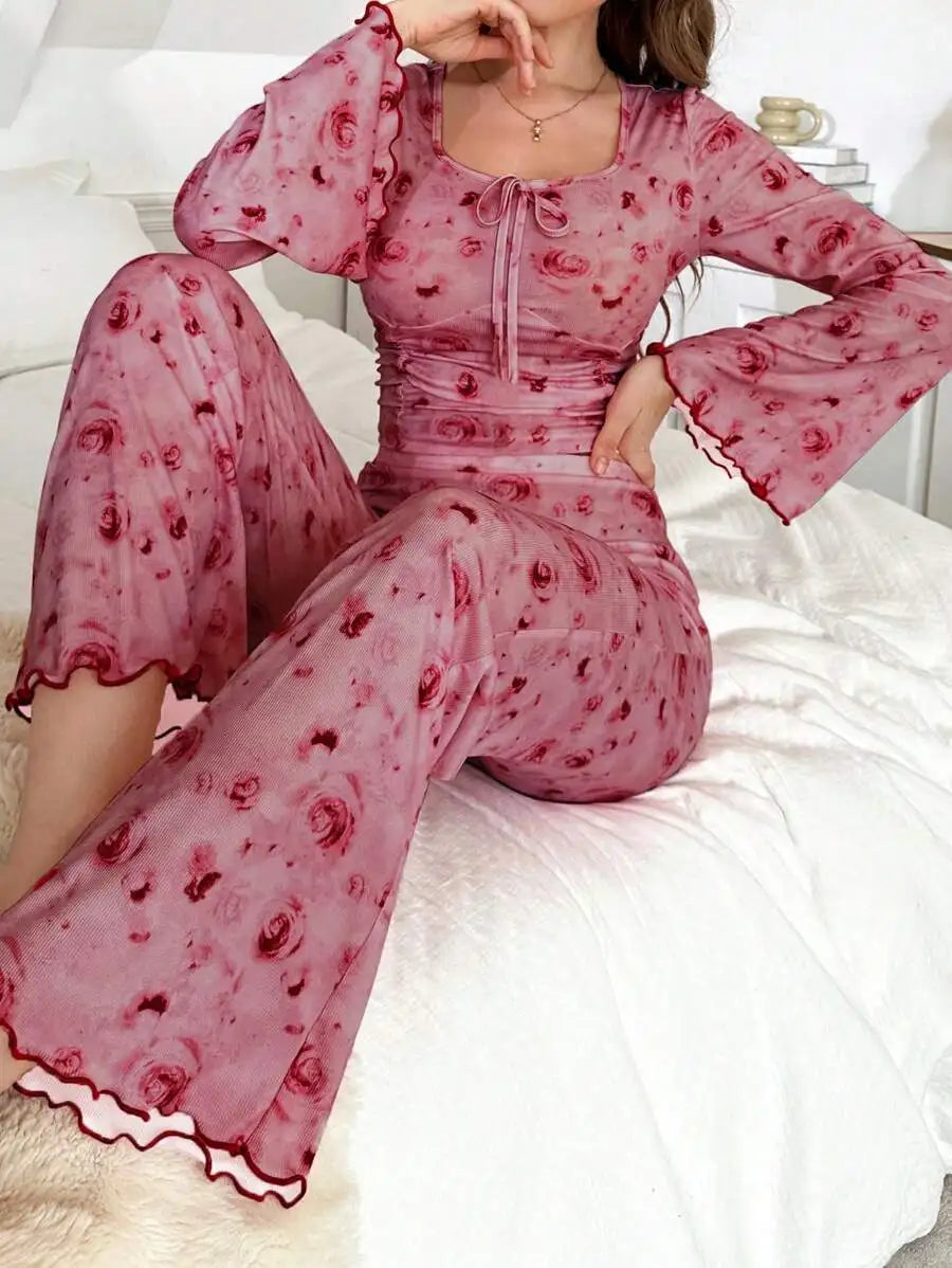 Women Pajama Sets Casual Pajamas Flower Print Long Sleeve High Waist Pants Loungewear Two-piece Set Can Be Worn Outside Pijamas