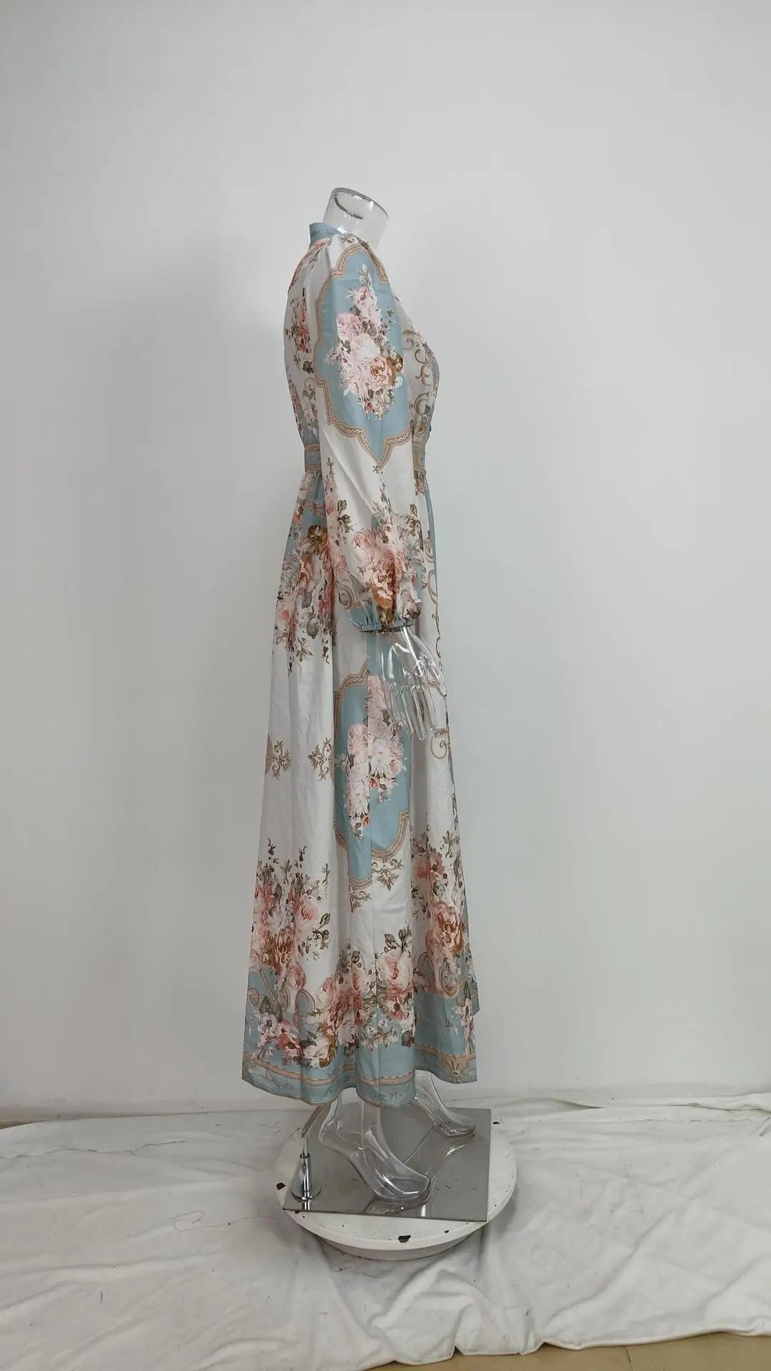 Womens Boho Floral Print Long Sleeve V Neck Button Front Belted Maxi Dress Casual Summer Beach Vacation Long Dress