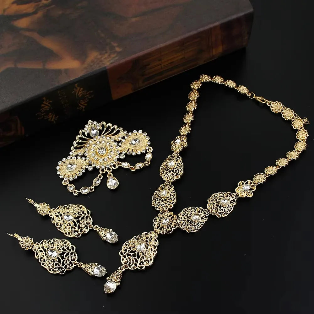 Sunspicems Chic Morocco Bride Jewelry Sets Gold Color Arabia Drop Earring Choker Necklace Caftan Brooch Sets 3Pcs Hollow Flower