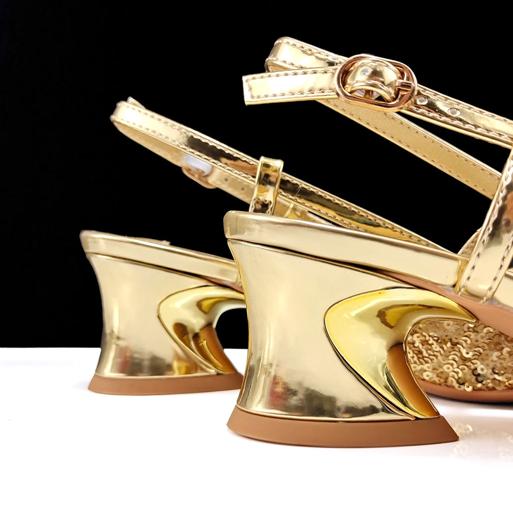 QSGFC Shiny Gold Color Shoes and Bag Elegant Handbags and Medium Heel Shoes Beautiful Handmade Flowers For Wedding Party