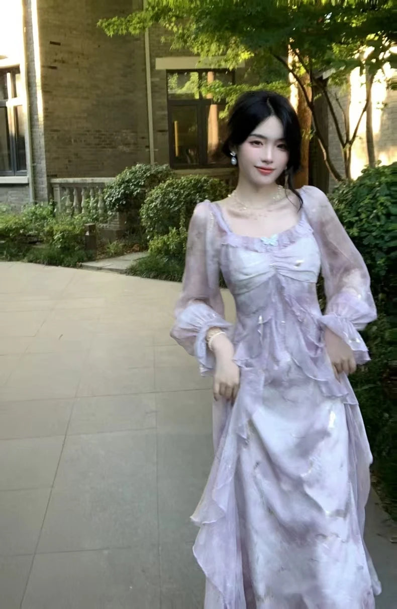 Summer Elegant Print Fairy Long Chiffon Dresses Women Off Shoulder Ruffles A-Line Birthday Party Dress One Piece Vestidos New