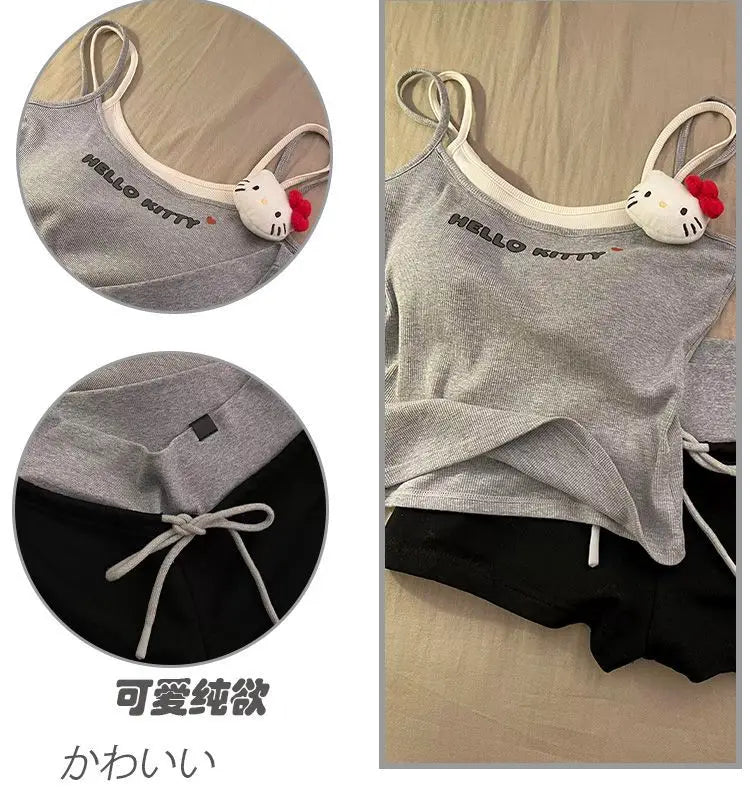 Cute Hello Kitty fake two-piece suspender shorts pajamas women's summer casual loungewear two-piece set can be worn outside