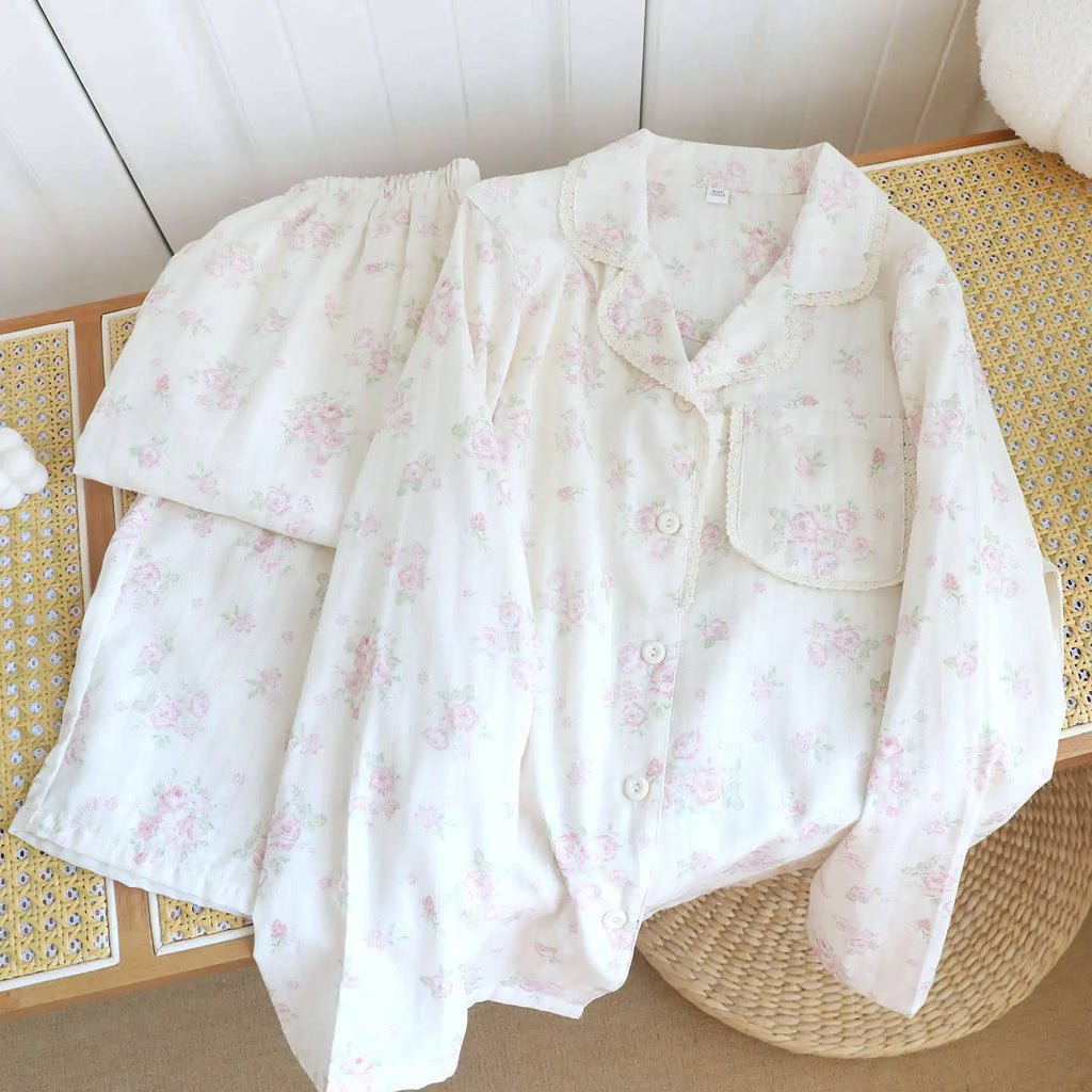 2026 New Spring/Summer Women's Pajama Set 100%Cotton Gauze Fresh Flower Collar Long Sleeve Two Piece Set Thin Loose Home Clothes