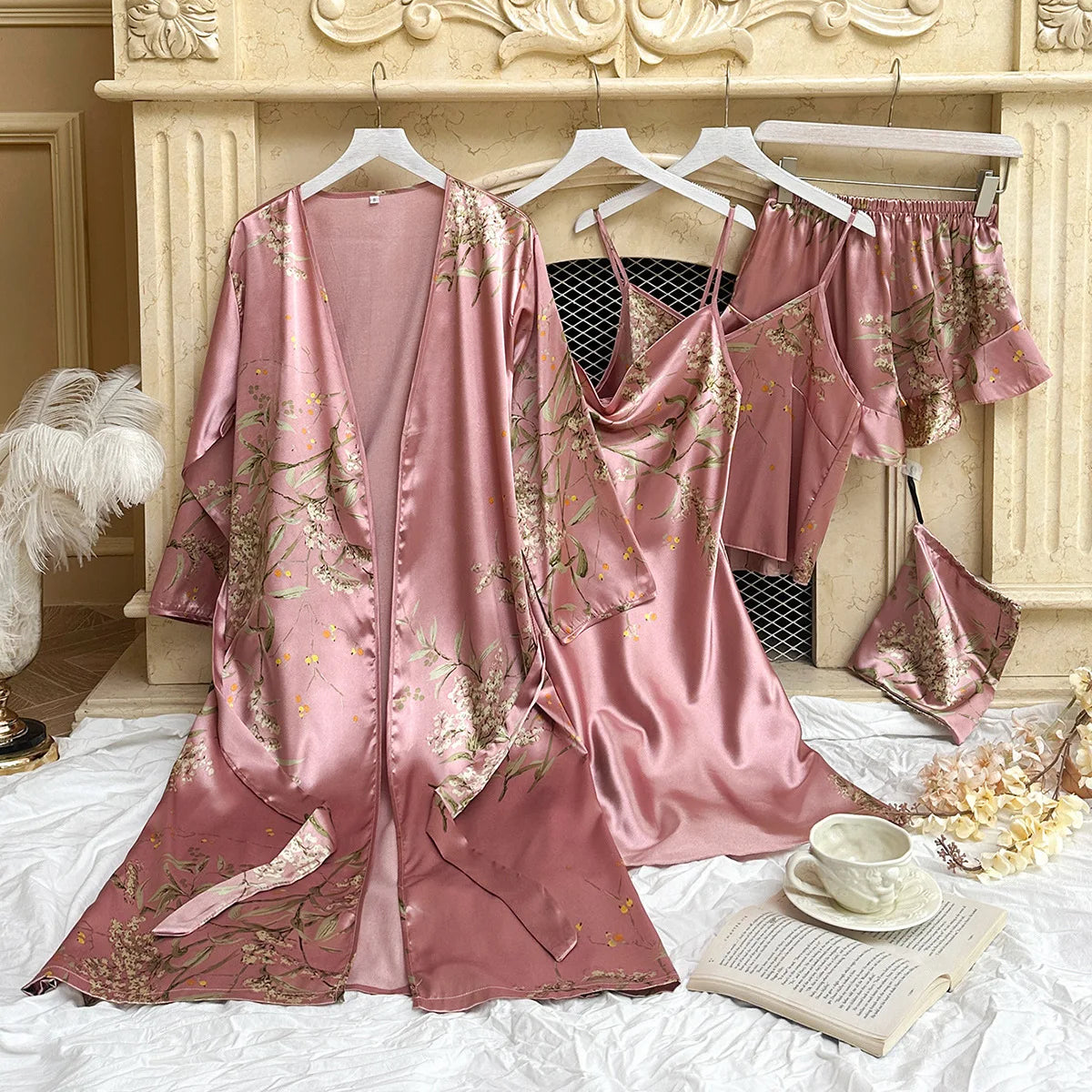Elegant Print Flower Pajamas 5 Piece Set Women Casual Kimono Bathrobe Gown Sexy Silky Rayon Nightgown Loose Home Clothes