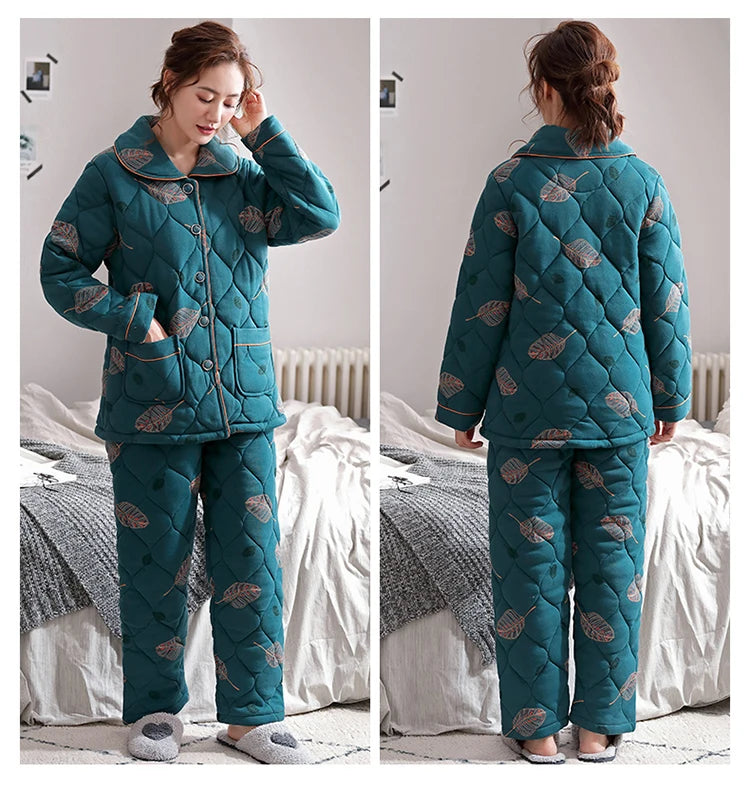 Winter three layer thick keep warm quilted jacket women's pajamas floral pijamas inverno M-XXXL sleepwear