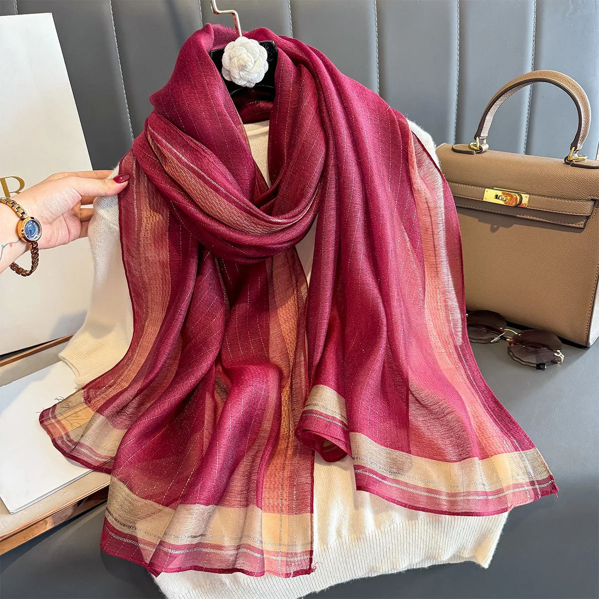 Luxury Long Scarf For Women Elegant Hijab For Travel Beach Soft Stain Neckerchief Shawl Solid Color Imitation Silk Scarves
