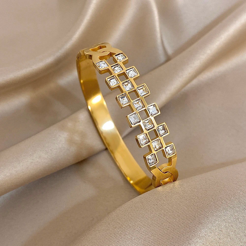 New Stainless Steel Waterproof Cuff Bracelet Bangle For Women Exquisite Shiny Inlaid Zircon Geometric Stacked Jewelry Gifts