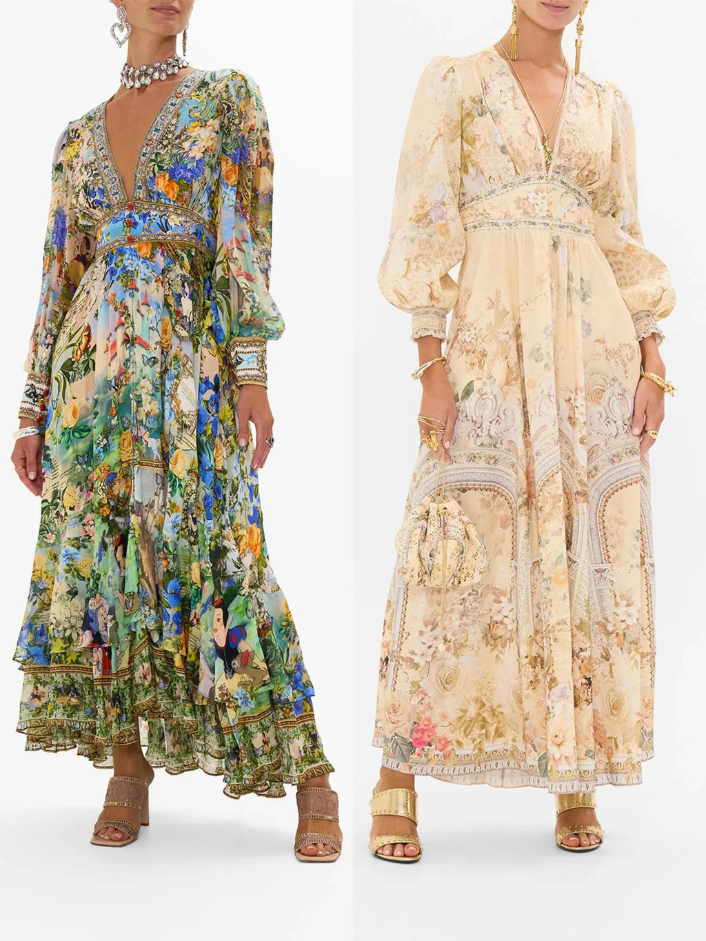 European and American New Arrival Hot Sale PrintingVCollar Long-Sleeved Bubble Sleeve Waist-Tied Summer New Women's Clothes