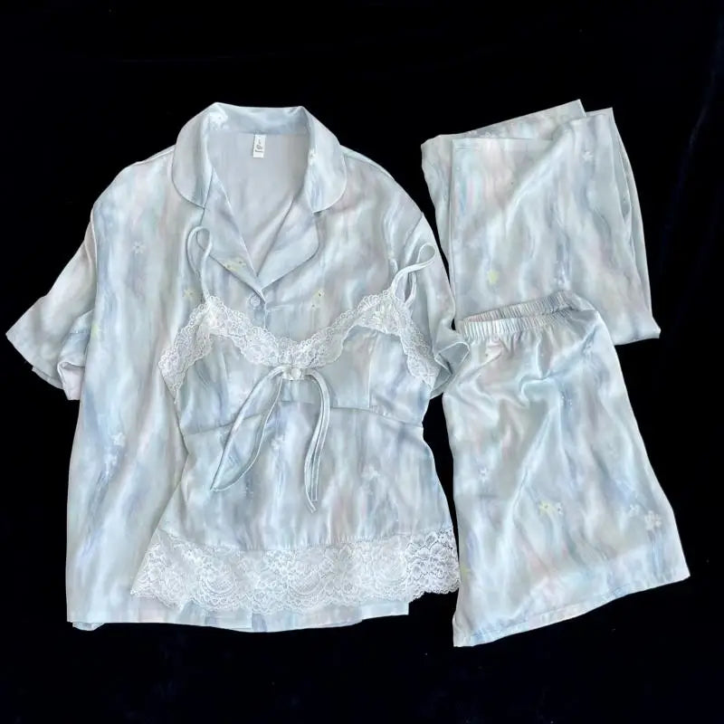 Princess Style Floral Print Pajamas Suit 4Pcs Cami Top Shorts Pants Ice Silk Loungewear Lady Sexy Lace Trim Home Clothes