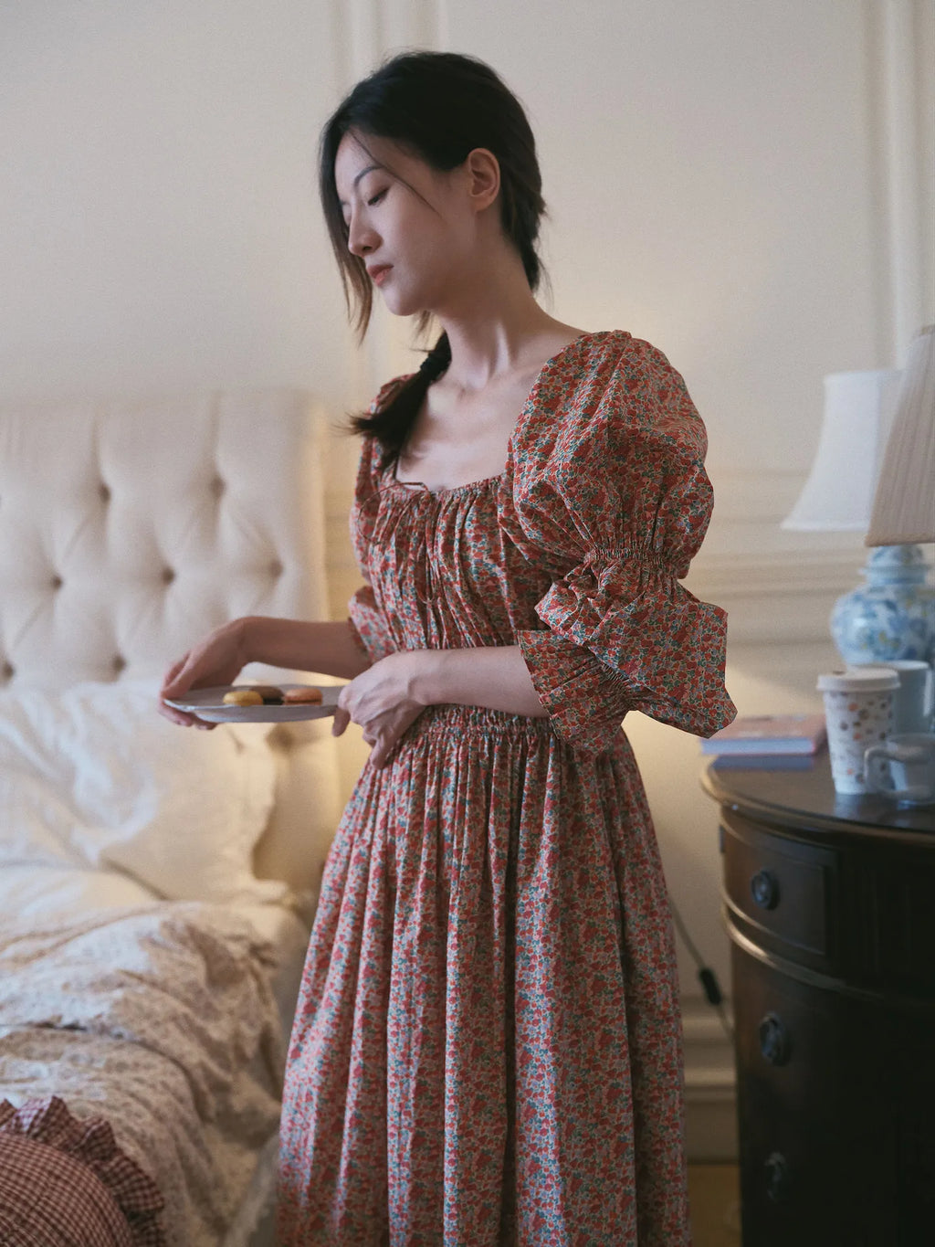 100% Pure Cotton Nightgown Women 2026 New Arrival Spring Summer Vintage Retro Floral Printing Lengthened Nightdress Loungewear
