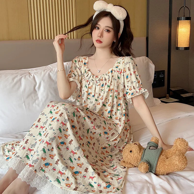 M-5XL Plus Size Sleep Dress for Women Korean Sweet Summer Sleepwear Students Cute Print Nightgown Pajama Sleepshirt Home Clothes
