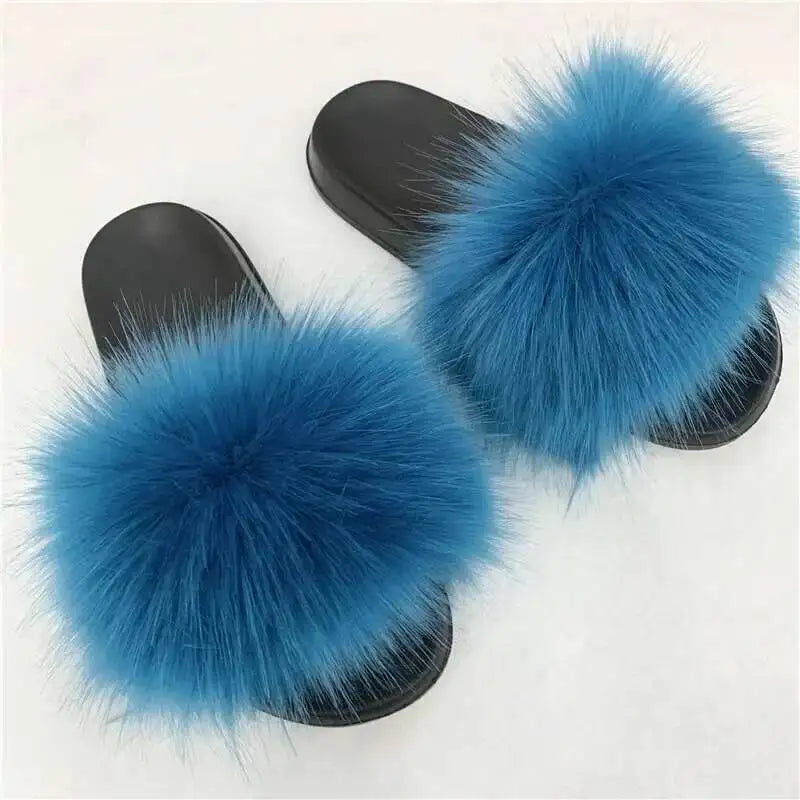 Ladies Fluffy Slippers Summer Women Faux Fur Soft Slides Stylish Open Toe Sandals Outdoor Indoor Furry Comfortable Beach Shoes