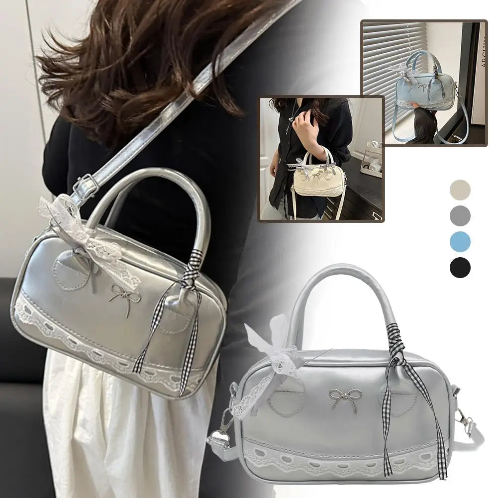 Simple Elegant Handbag Boston Shoulder bag Lace Ribbon Bow Decor Crossbody Bag Small Square Bag Casual Women Bags ﻿
