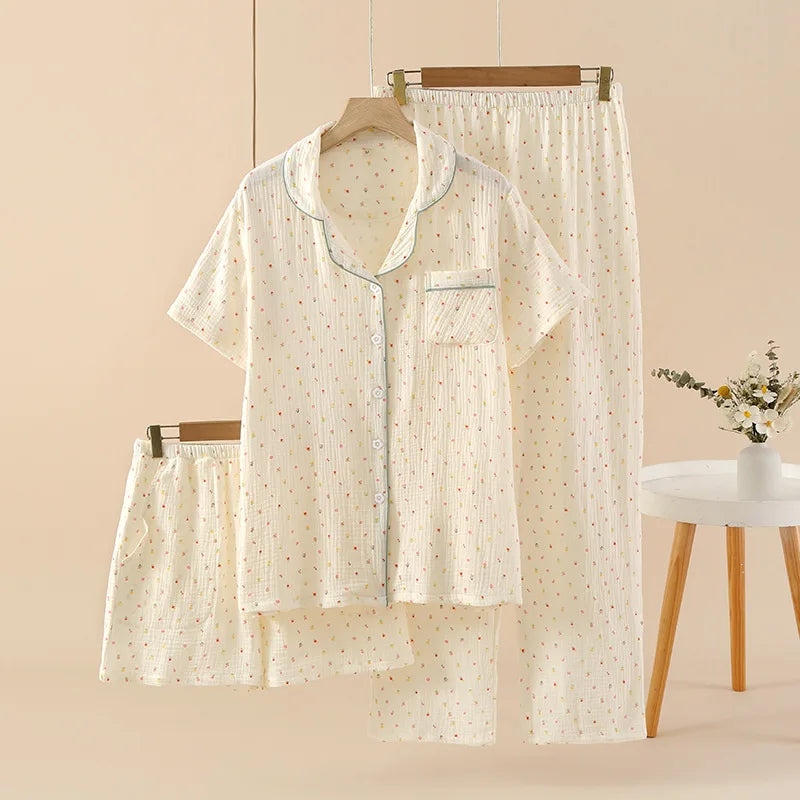 Pajamas pure cotton three-piece set spring and summer thin crepe autumn gauze lapel short-sleeved trousers shorts loungewear set