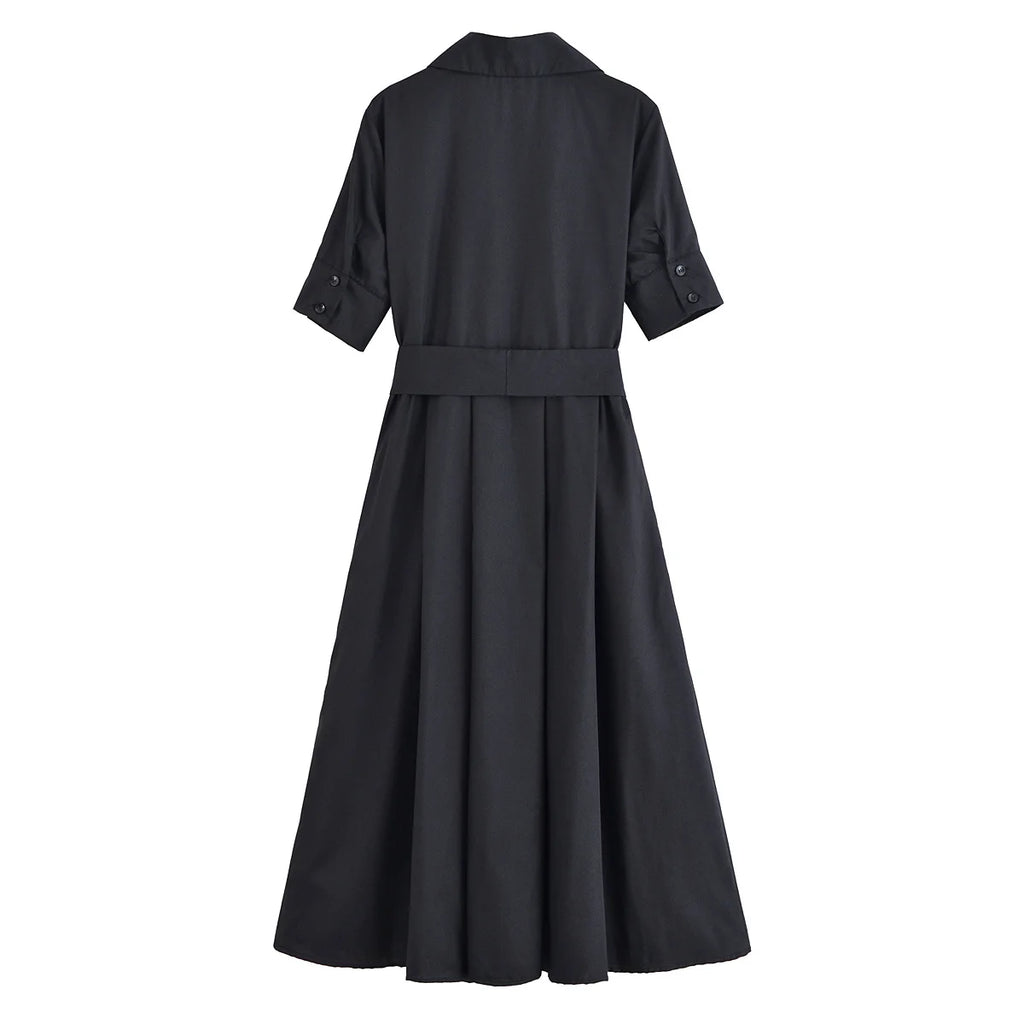HH Women Summer Lapel Short Sleeve Pocket Single-Breasted Belt Decorate Midi Dress Female Fashion Shirt Style Pleated Dress