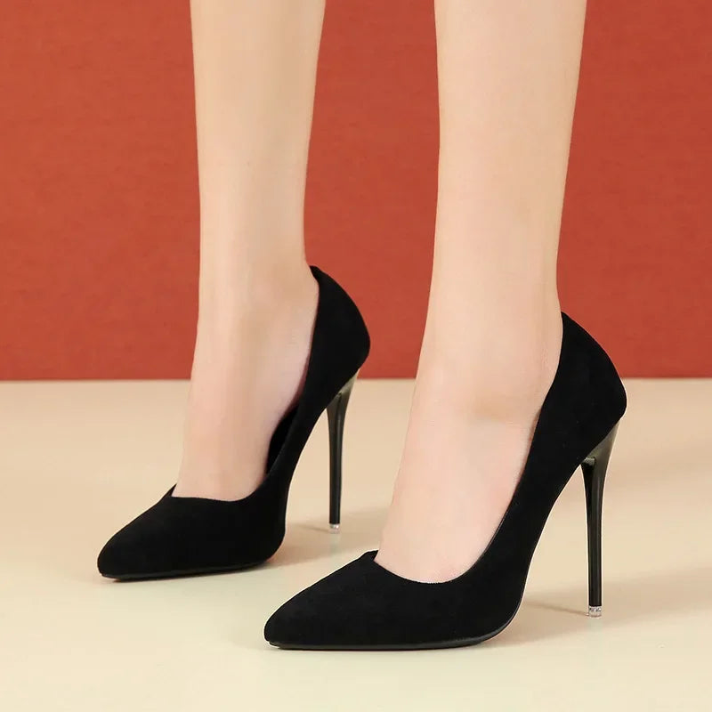 Big Size 35-45 women's shoes 2024 concise flock high heels women pumps pointed toe classic red gray ladies wedding shoes office
