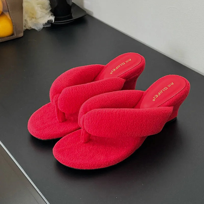 New Footwear Flock Women Wedges Slippers Flip flops Shoes Fashion Round Toe Ladies Wedges Slippers Shoes Female Sandals Slides