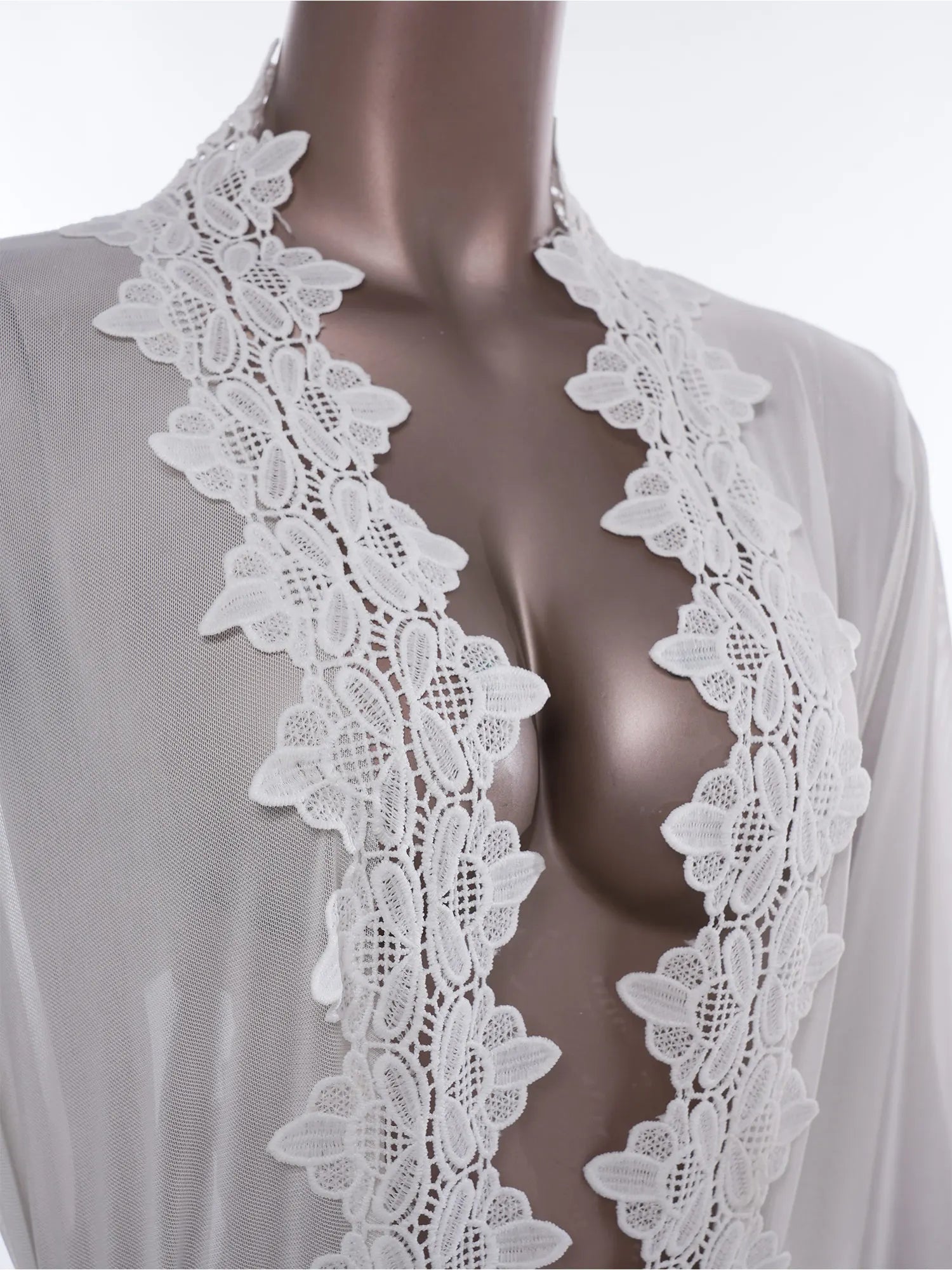 Womens Floral Lace Nightgown Set Long Sleeve Sheer Mesh Robe with Backless Satiny Sling Dress Gown Belt for Bride Wedding Night