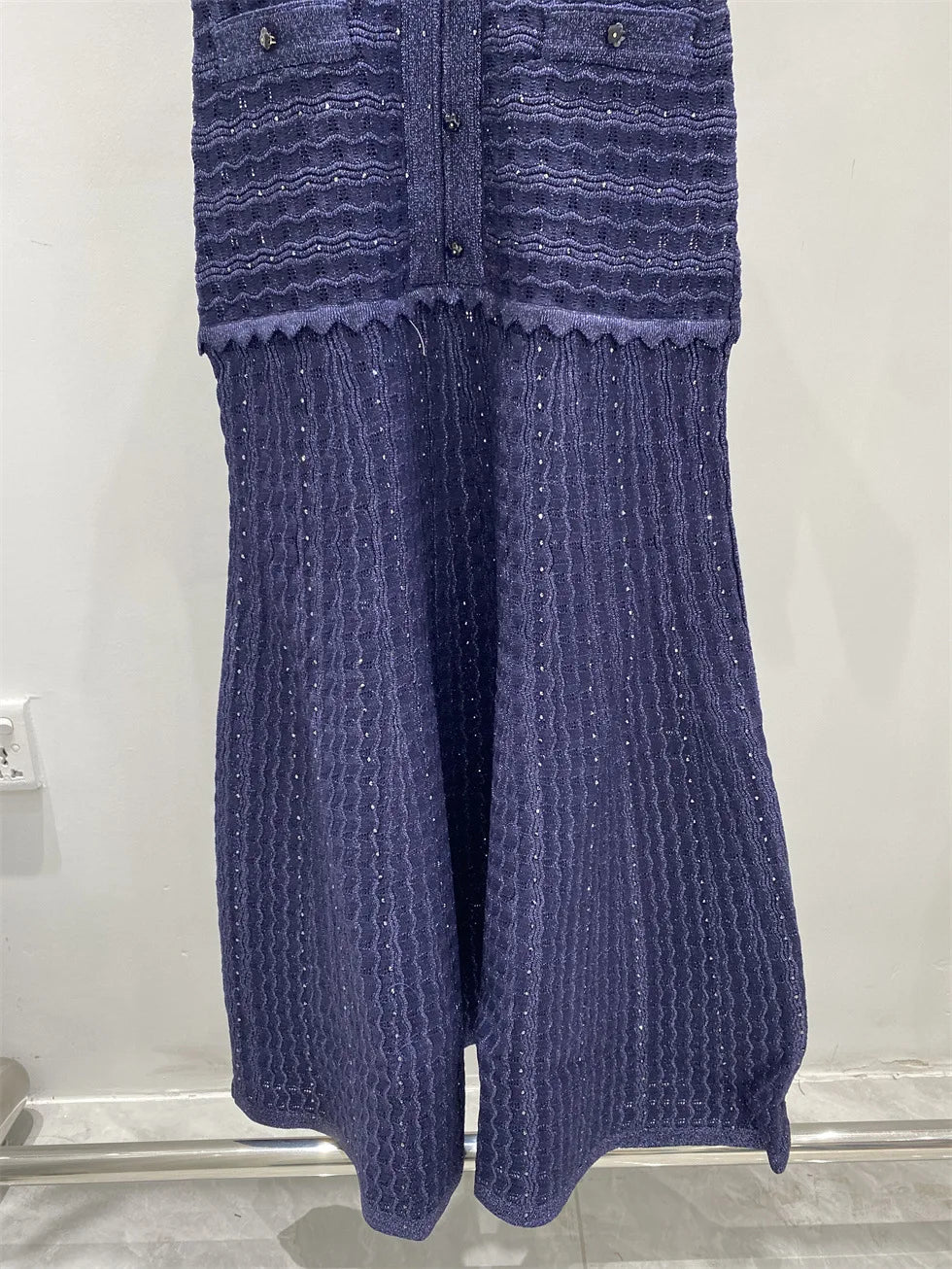 New summer single-breasted round neck knit crochet short-sleeved dress, high-quality and fashionable over-the-knee long skirt