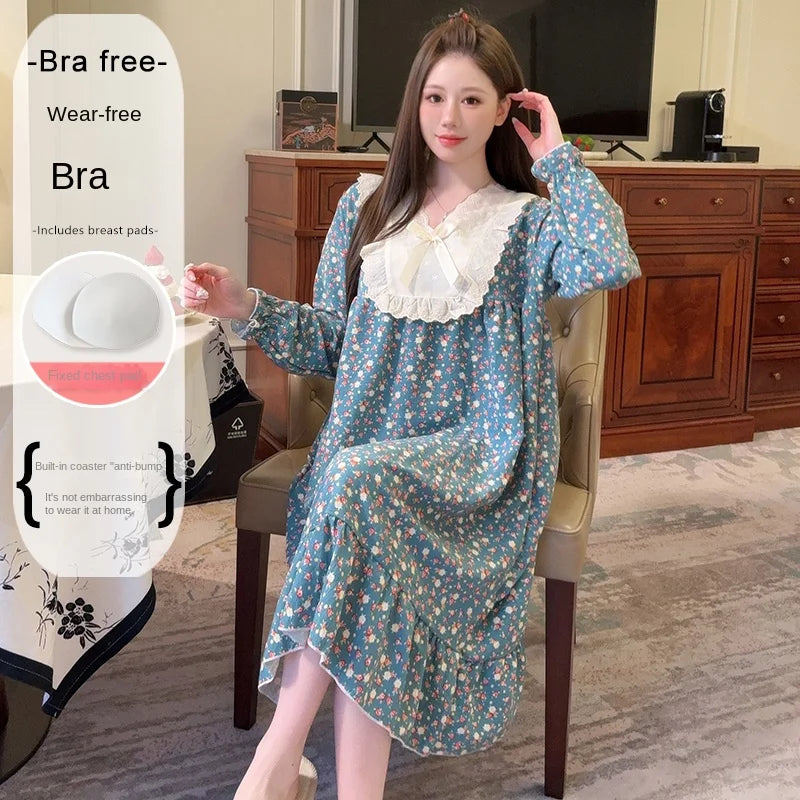 2026 Comfy Long Sleeve Home Dress, Women's Floral Print Loungewear for Spring Autumn, Oversize Sweet Korean Style