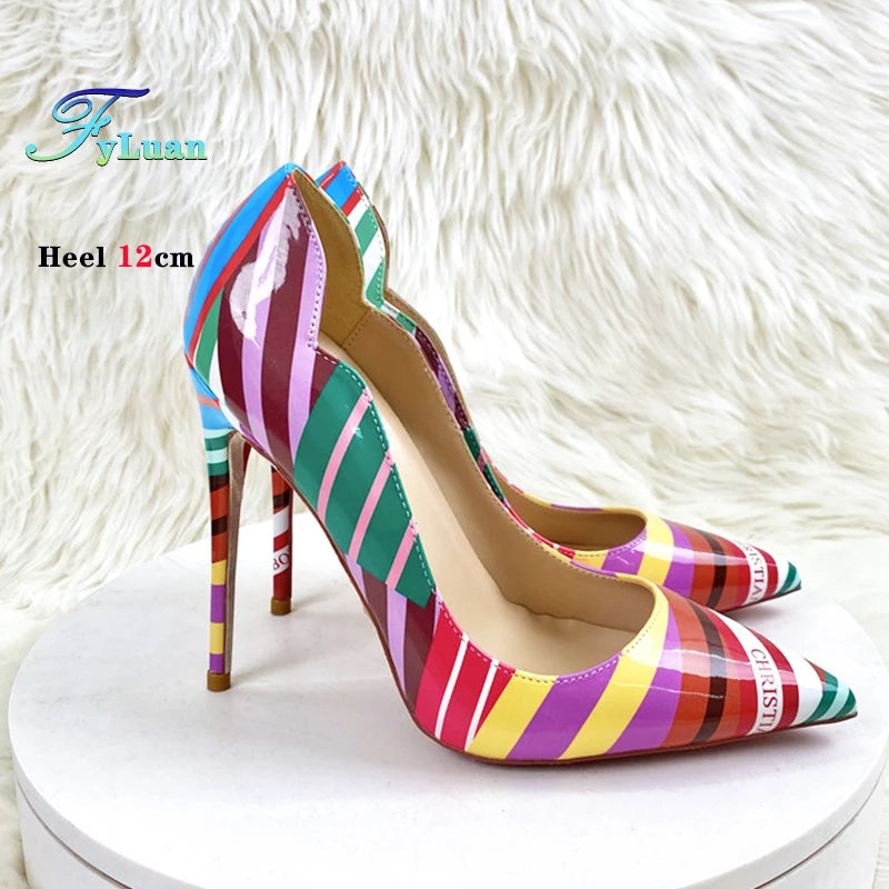 Colorful Striped High heels Fashion Cutting Pointed Shallow Party Shoes For Woman 8CM 10CM 12CM Women Pumps Large Size 44 45 46