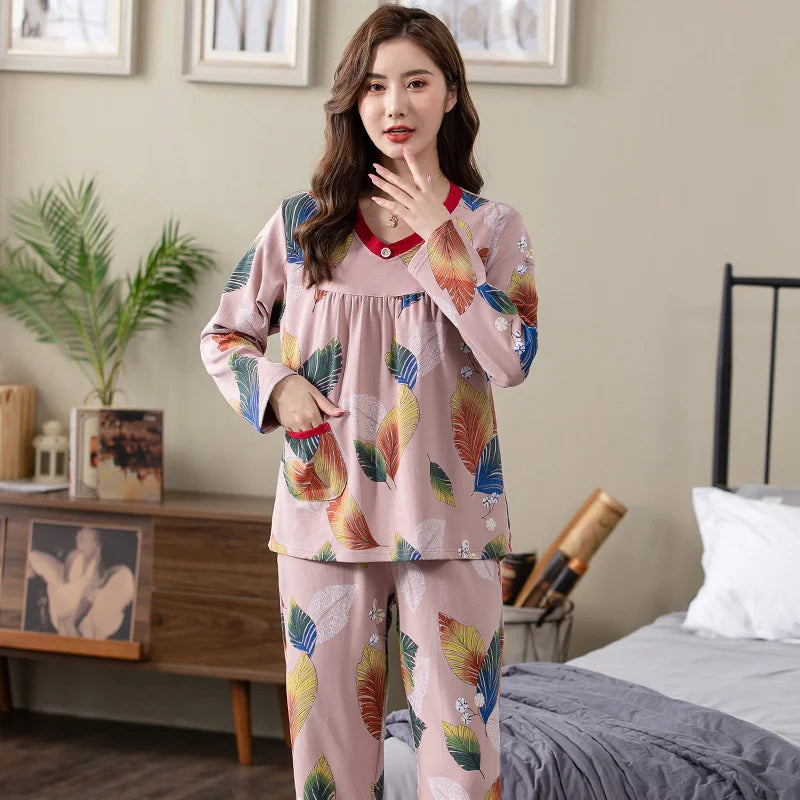 Pajamas Sets Women Floral Cotton Fashion Lace Women Long Sleeve Sleepwear Suit 2 piece Sexy Autumn Home Lounge Gift XXXXL