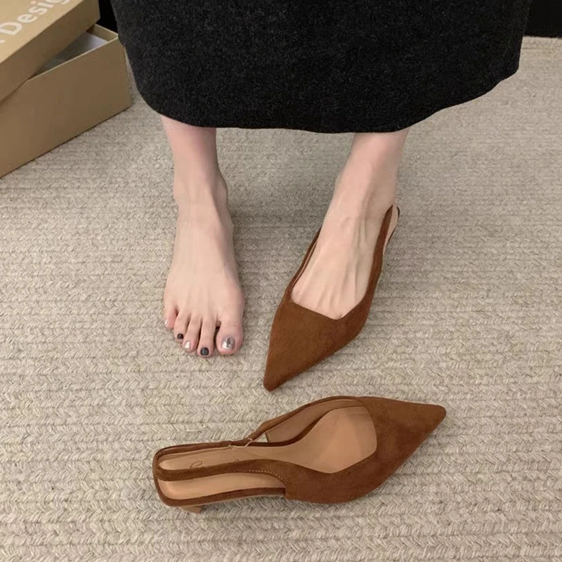 SUOJIALUN 2024 Spring New Women Sandal Fashion Pointed Toe Shallow Slip On Dress Mules Shoes Thin Low Heel Slingback Sandal