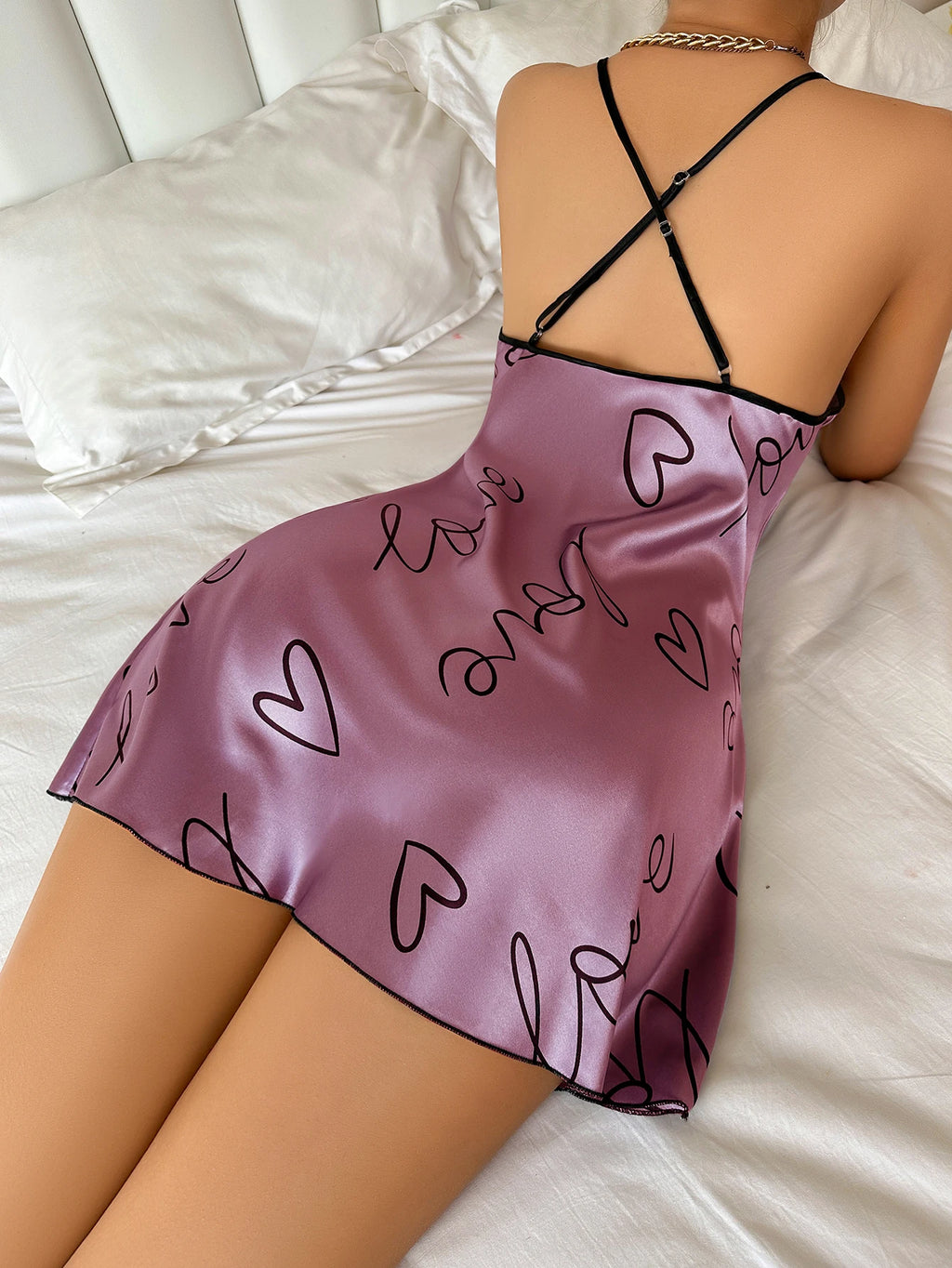 Women's Satin Nightdress, Heart & Floral Print Spaghetti Strap Sleep Dress, Casual Round Neck Sleepwear Slip