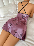 Women's Satin Nightdress, Heart & Floral Print Spaghetti Strap Sleep Dress, Casual Round Neck Sleepwear Slip