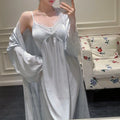 2025New Long Sweet Blue Robe Set Women Elegant Bathrobe Rayon Kimono Sexy Lace Floral Home Dressing Gown Princess Loungewear