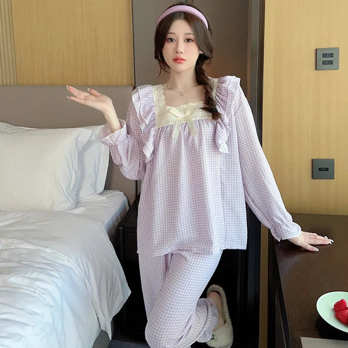 100kg Plus Size Cherry Print Pajama Women Korean Sweet Spring Long Sleeve Top Long Pants Plaid Homewear Princess Loose Outfits