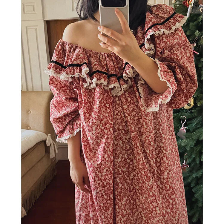 100% Pure Cotton Nightgown Women 2026 New Arrival Spring Summer French Retro Sweet Flower Printed Nightdress Loungewear