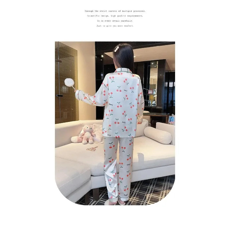 Sweet Cherry Print Satin Long Sleeve Pajama Set Soft Comfortable Loungewear for Women