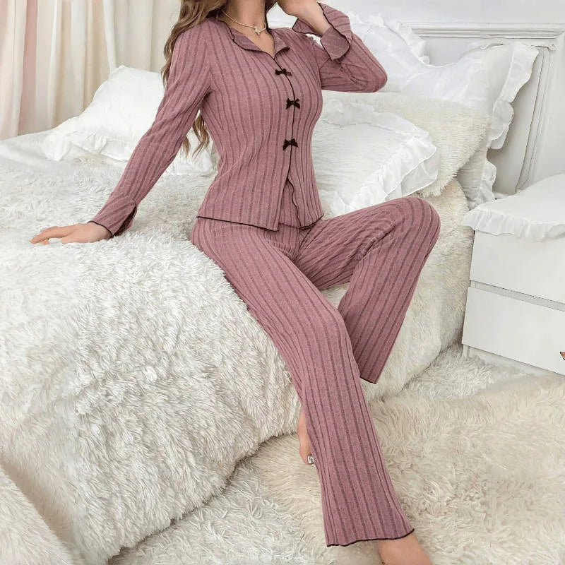 New 2025 Women Spring Casual Pajamas Set Comfortable Sleepwear Sexy Long Sleeve Lapel Solid Rib Homewear Female Loose Loungewear