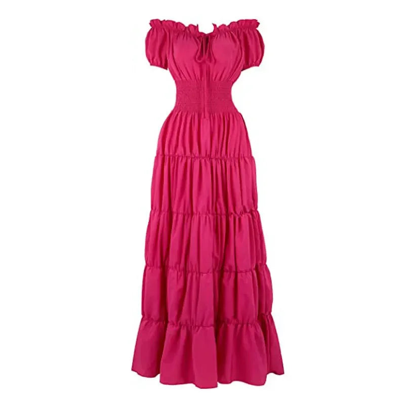 Elegant Medieval Renaissance Dress Boho Short Sleeves Off Shoulder Smocked Waist Retro Pleated Long Dress Costume Gown