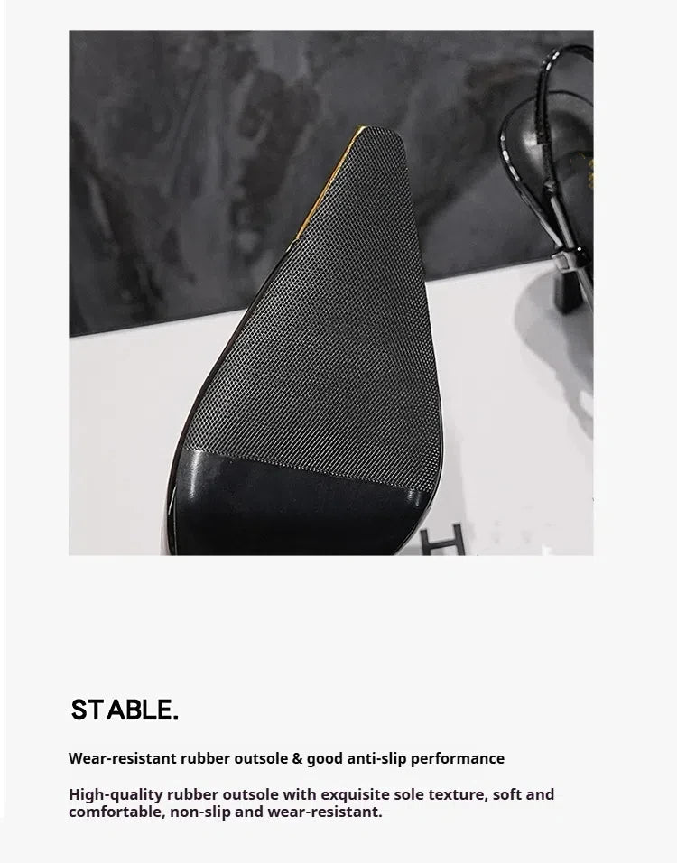 New Summer Women's High-heeled Sandals Gold Iron Head Patent Leather Black Stiletto Square Head Closed Toe Sling Back Shoes