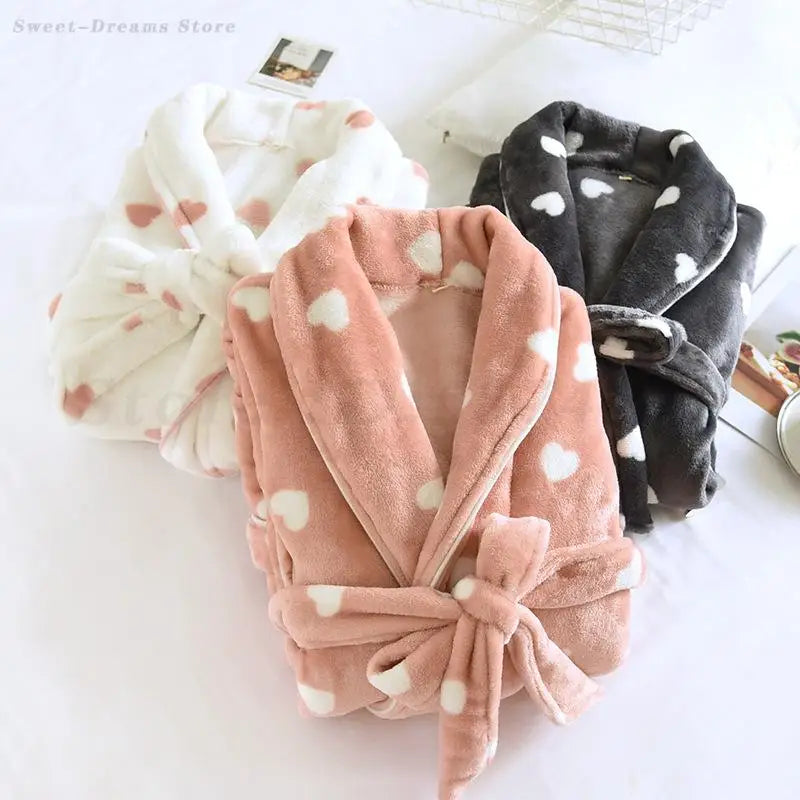 Autumn Winter Female Robe Thicken Flannel Bathrobe Kimono Sleepwear with Pocket Cute Print Sweet Heart Home Dress Lounge Wear