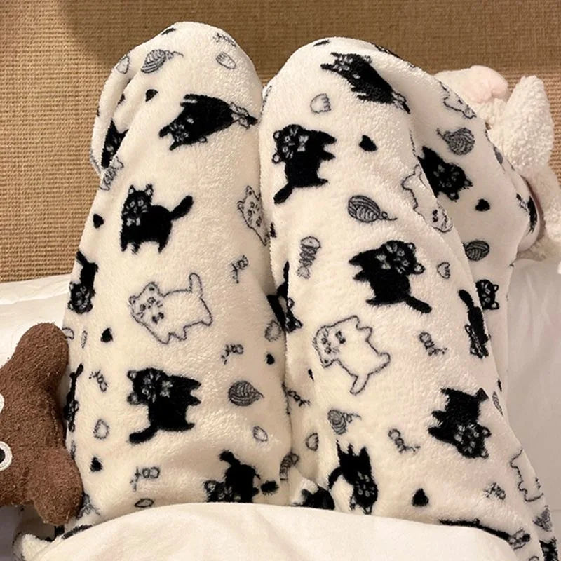 Black Cat Cartoon Pajamas Pants Kawaii Christmas PJS Korean Women Winter Warm Fluffy Flannel Sleepwear Girls Cute PJ Pants