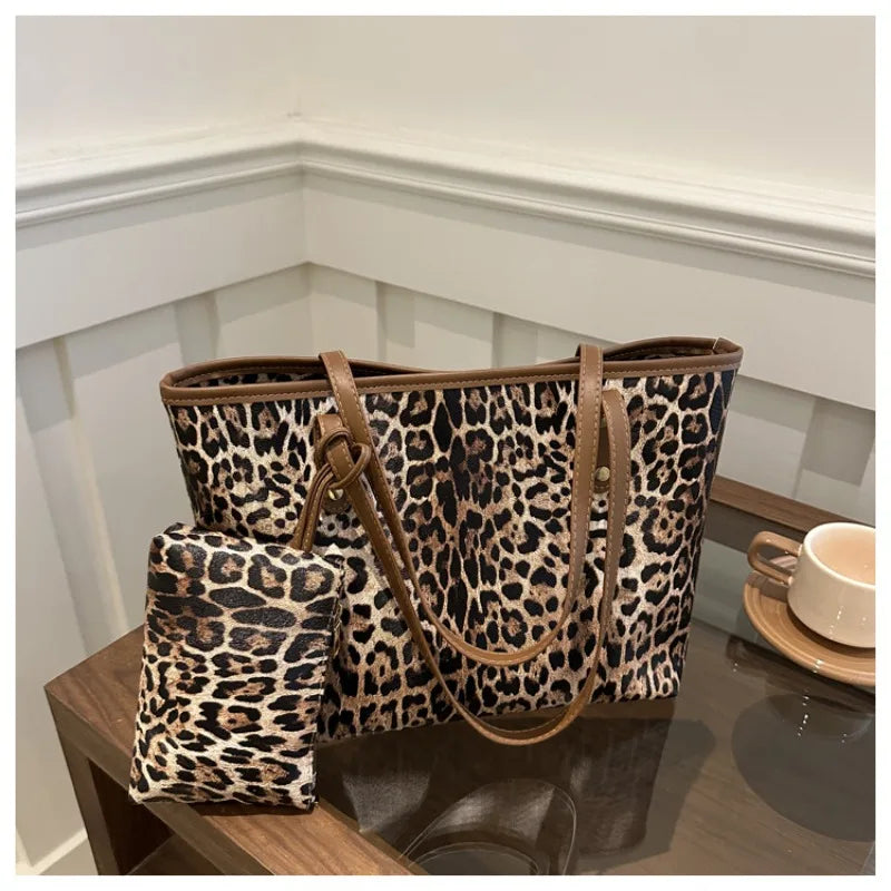 Women's Leopard Print Tote bag Pu Leather Underarm Bags Simple Casual Travel Shopping Bag Large Capacity Mother and Child Packag