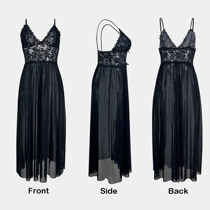 Women Sexy Floral Lace Mesh Nightgown V-Neck Sleeveless High Slit Backless Slip Dress with Bowknot Suspender Lingerie Sleepwear