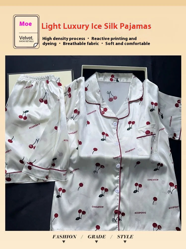 Sexy Women Satin Nightwear Plus Size Short Sleeve Cherry Print Sweet Rayon Sleepwear Top and Pants Shorts Girl Student Pajamas