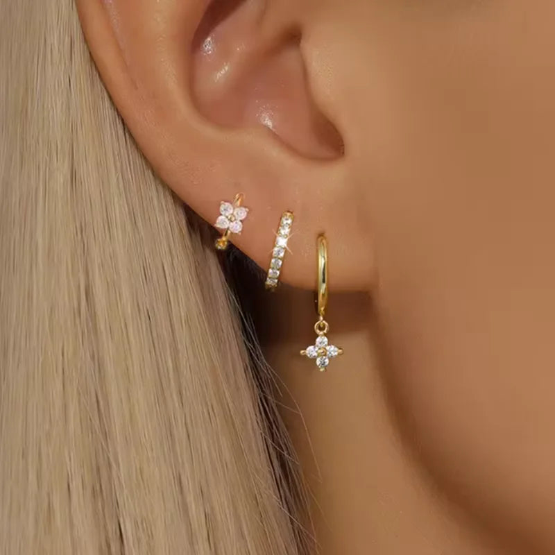3PCS Sets Stainless Steel Square Zirconia Hoop Earrings For Women Daily Life Cartilage Stud Earrings Piercing Jewelry Gift