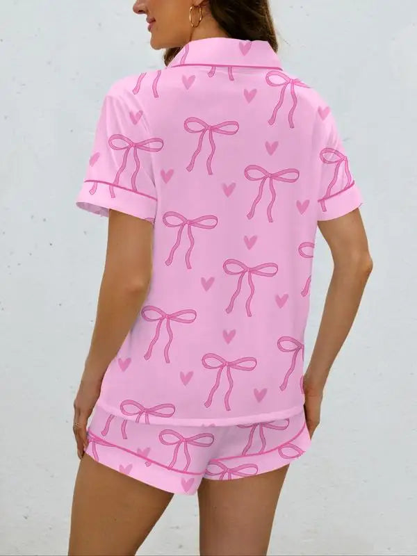 Women's Bow Print Pajama Set, Casual Shirt Collar Soft Top & Elastic Shorts, Comfortable Home Wear for All Seasons